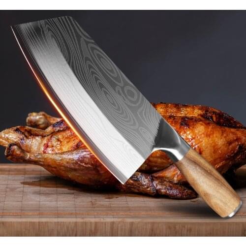 Kitchen Knife Damascus Laser Pattern Chinese Chef Knife Stainless Steel Butcher Meat Chopping Cleaver Knife Vegetable Cutter