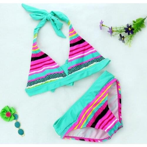 Summer Children Two Piece Swimsuit Beach Bathing Kids Girls Swimwear Bikini Set Backless Print Bandage Swimming Baby Overall