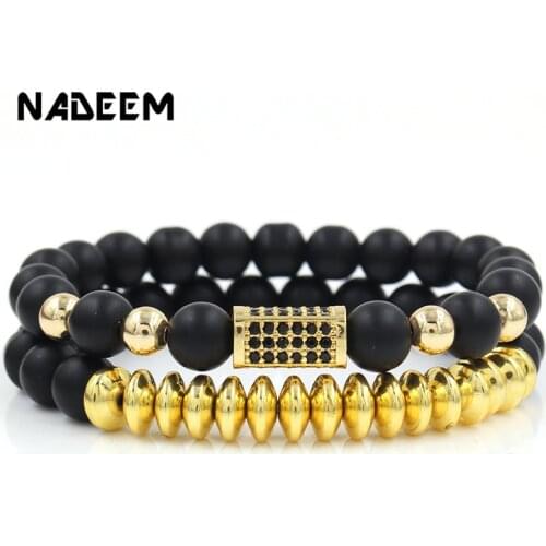 Micro Pave CZ Square Charms Couple Bracelets Sets for Men Women 2Pcs/Sets 8mm Black Matte Stone Beads Bracelet Sets Punk Jewelry