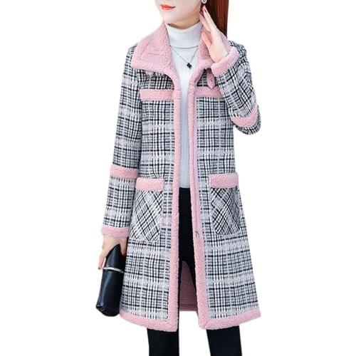 Women New Loose Plaid Thickened Plus Velvet Mid-length Cotton Coat Winter 2021 Fashion Lamb Wool Coat Female Zipper Jacket A278