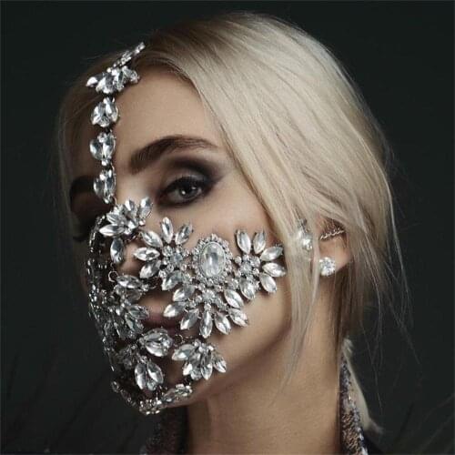 Sexy Exaggerated Rhinestone Ladies Fashion Mask Halloween Shiny Crystal Masquerade Mask Party Jewelry Accessories Face Chain