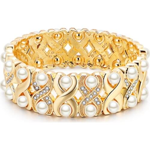 Light Yellow Gold Color Layer Imitation Pearl Bracelet with Rhinestone for Elegant Women Jewelry