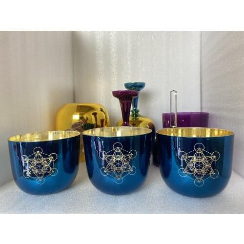 3 pcs Shinny Blue color crystal singing bowl with "Metatron cube" engravings 4D# Note 432Hz for sound healing