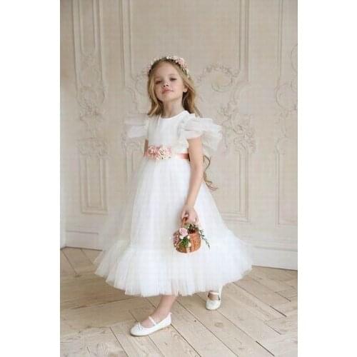 Baby Girl Fluffy Tulle Party Dress Flare Sleeve Ball Gown for Wedding Princess Dress Children Clothes 3-8Y E7821