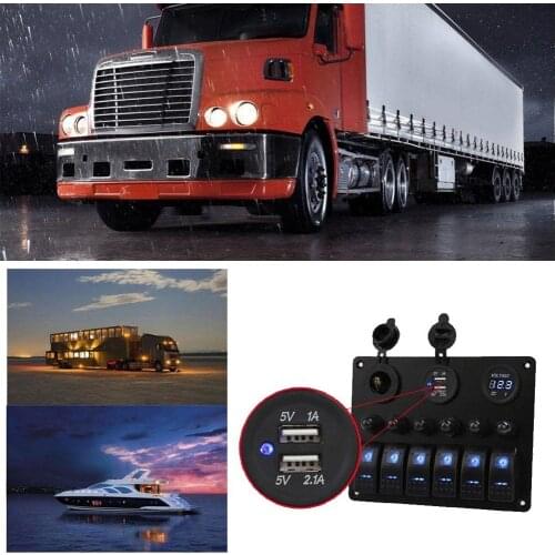 6 Gang LED Boat Rocker Switch Panel Circuit Breakers DC 12/24V For Car Marine Steamship Yacht Motorhomes Trailer RV Camper Truck