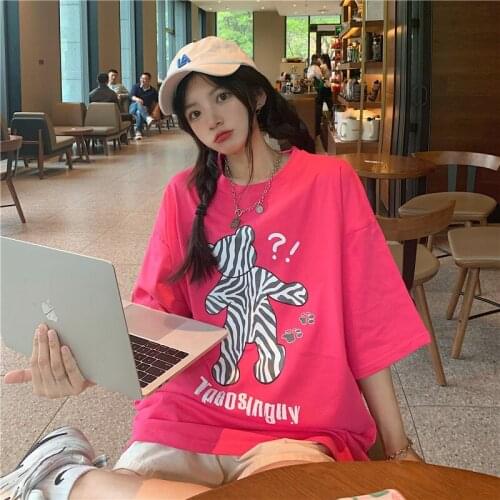 Loose Retro Zebra Print Bear Print Tshirt Womens T-shirts Tops Japanese Kawaii Ulzzang Female Korean Harajuku Clothes For Women