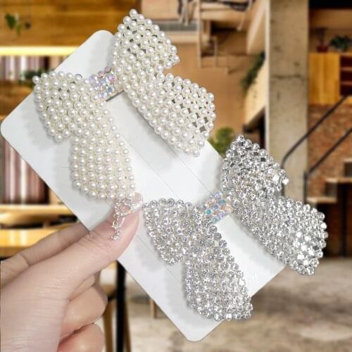 Korean Full Crystal Pearl Bow Hairpin Bling Rhinestones Hair Clip For Women Girls Sweet Party Hair Barrette For Hair Accessories