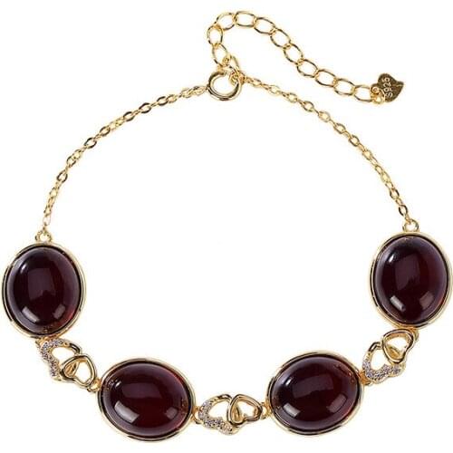 925 sterling silver gold-plated natural amber blood amber bracelet personality and fashion heart-shaped ladies Bracelet