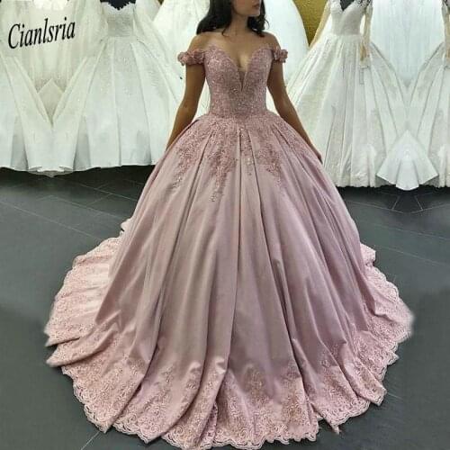 Pink Off the Shoulder Princess Ball Gown Quinceanera Dresses Sweetheart Appliques Lace Beading Sweet 16 Prom Party Dress
