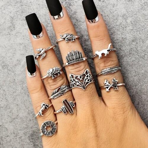 12pcs/set Boho Finger Rings Set for Women Punk Elephant Flower Hollow Out Sliver Knuckle Rings Female Vintage Jewelry Gifts