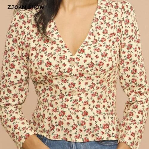 2021 France Retro V neck Long Sleeve Small Flower Shirt Women Single-breasted buttons Slim Waist Short Blouse Girls Tops