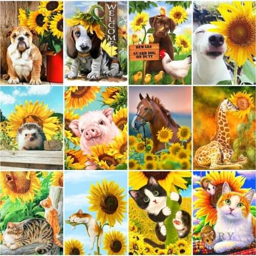 5D Diamond Painting Sunflower Animals Diamond Mosaic Diy Full Round Embroidery Dog Pig Cross Stitch Rhinestone Home Decor