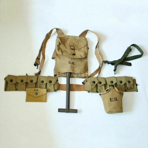 WWII US Army Soldier Combat Gear 1928 Haversack Shovel Canteen Bar Belt 10 Cells armyshop2008