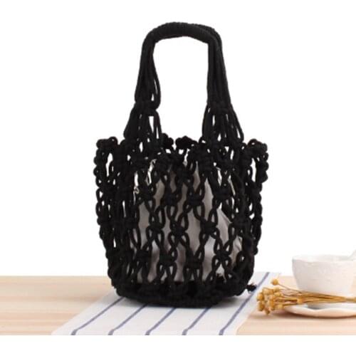 College style retro fashion hollow thick cotton woven bag portable net bag bucket leisure womens travel beach bag