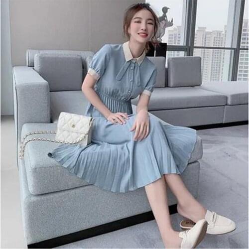 Hstar Fairy Beautiful Chic Cute Pleated Dresses Hot Women Elegant Office Lady Bow Tie Design Date Blue Button Shirt Dress