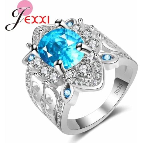Fine Wedding & Bridal Jewelry 925 Sterling Silver Rings Paved White Blue Shiny Crystal Stone for Women Female Best Gift