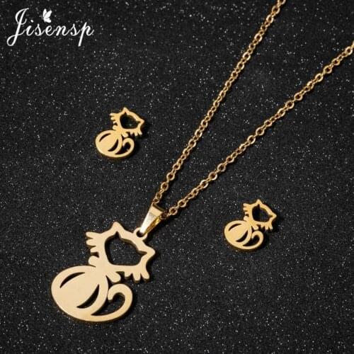 Jisensp Simple Creative Kitten Stainless Steel Jewelry Sets Hollow Lovely Cat Pendant Necklace Earrings for Women Party Gift