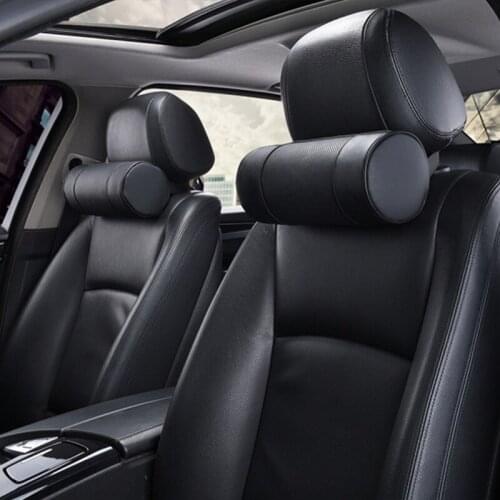 Round Roll Car Neck Pillow Memory Foam Genuine Leather Auto Cervical Office Chair Bolster Headrest Supports Cushion Auto Pillow