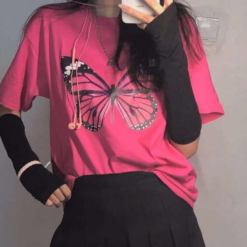 Ulzzang Summer Butterfly Print Streetwear Gothic T-shirt Female Harajuku Fun Casual Vintage Chic Korean Loose Hip-Hop Women Tops