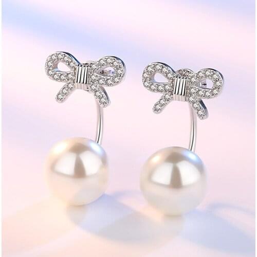 Cute Romantic Bowknot Back Stud Earrings Shiny Micro Crystal Pearl Winding Geometric Wedding Earring Piercing Jewelry For Women