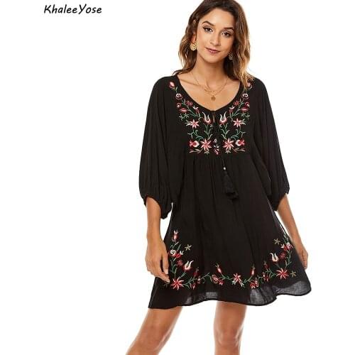Khalee Yose Boho Floral Embroidery Mini Dress Black Summer Holiday Women Dresses Puff Sleeve Casual Chic Female Ladies Dress