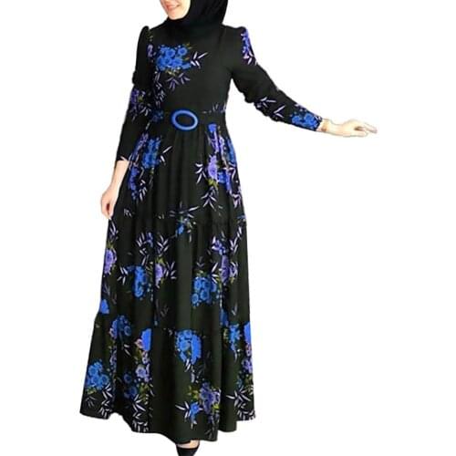 Fashion Summer Sundress Women Long Sleeve Muslim Abaya Dress Ethnic Floral Print Belt Maxi Kaftan Robe 2020 Sexy O Neck Dresses