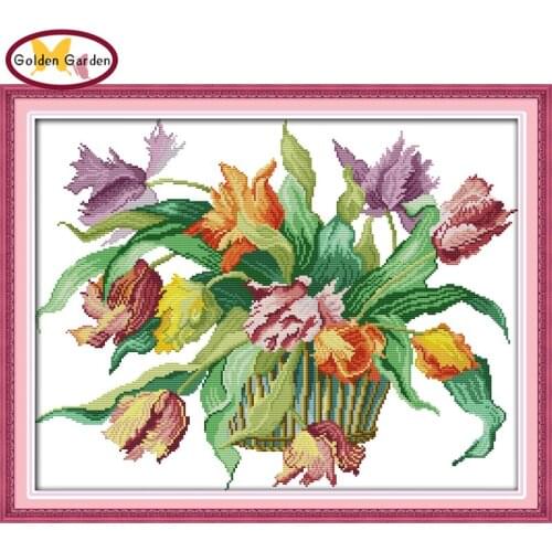 GG Tulips Flower Style Joy Sunday Cross Stitch Needlework Embroidery Set Handcraft Counted Cross Stitch Kits for Home Decoration