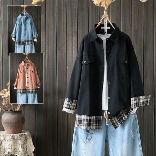 Autumn New Korean Version Of BF Wind Retro Tooling Large Size Loose Stitching Plaid Fake Two-Piece Shirt Jacket Women Trend s871