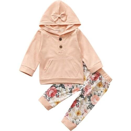 Baby Girls 2Pcs Fall Outfits Casual Long Sleeve Button Front Hoodie and Floral Pants Set Autumn Spring Clothes