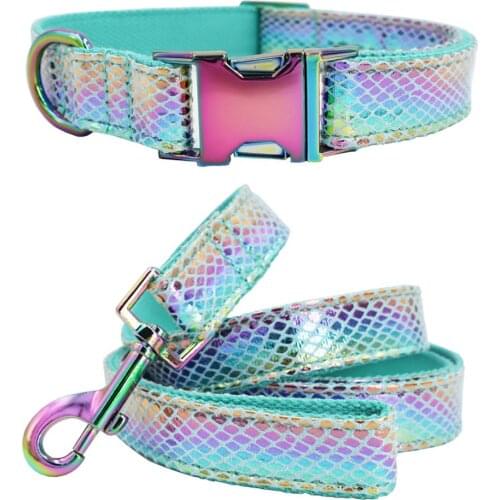 Dog Collar Unicorn Galaxy Print with GLITTER Faux Leather Dog Collar Rainbow/Iridescent Metal Hardware
