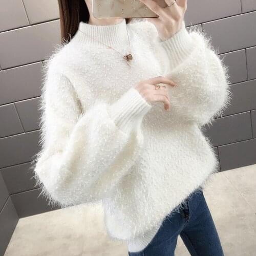 Half High Collar Thicken Soft Faux Mink Cashmere Pullover Loose Base Knit Long sleeve Women Sweater Jersey Mujer Autumn Jumper