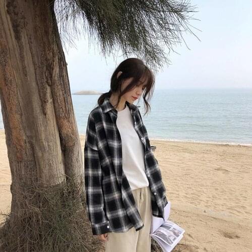 Retro Plaid Shirt Early Autumn New Korean Style Loose Polo Hong Kong Style Coat Student Women 's Shirt