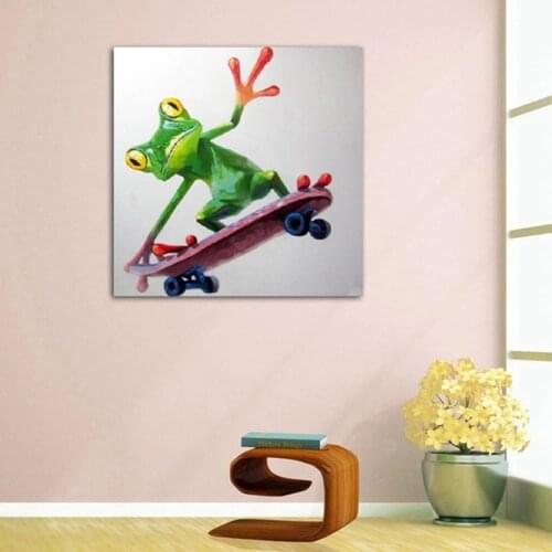 Hand Painted Oil Painting Skateboarding Frog Modern Canvas Wall Art for Living Room Handmade Animal Art for Kids' Room Decor