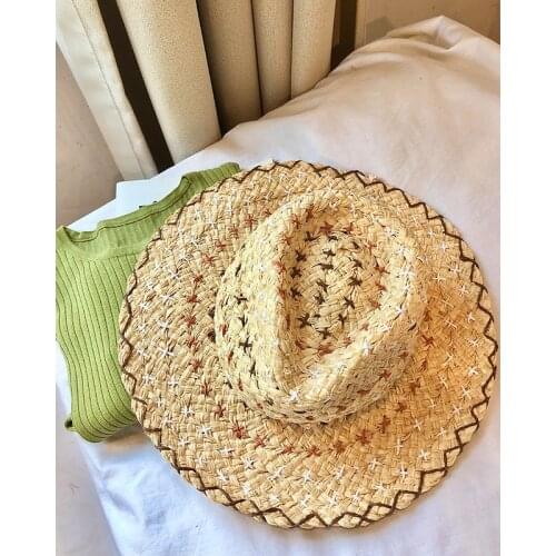 NEW Summer Simple solid color Handmade Weave Raffia Sun Hats For Women Lace Up Large Brim Straw Hat Outdoor Beach Summer Caps
