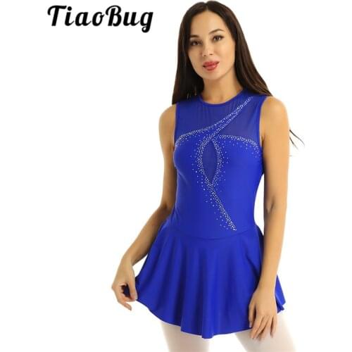 TiaoBug Adult Sleeveless Mesh Splice Rhinestones Figure Skating Dress Women Ballet Gymnastics Leotard Competition Dance Wear