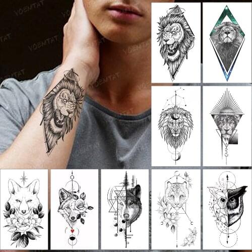 Waterproof Temporary Tattoo Sticker Geometric Lion Moon Linear Tatto Realistic Body Art Tatoo Woman Man Child Fake Tattoos