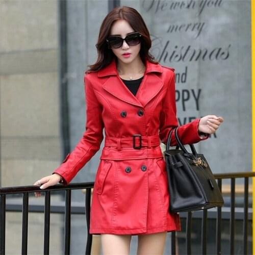 Women Long Leather Jacket Women Elegant Women PU Leather Jacket Trench Female Outerwear With Belted Plus Size