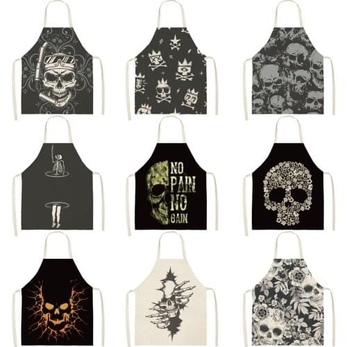 Women Kitchen Aprons Skull Printed Waterproof Cooking oil-proof Cotton Linen Antifouling Chef Apron Cleaning 68*55cm 0068