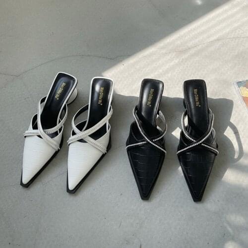 2021 Summer Luxury Brand Women Black White 5cm High Heels Slippers Close Toe Block Heels Crystal Slides Sandals Lady Party Shoes