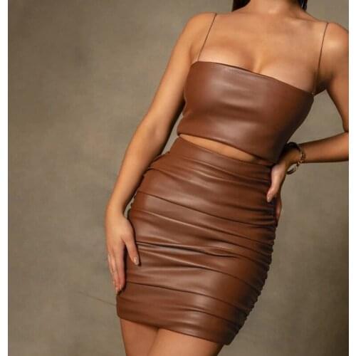 2021 Spring and Summer New Sexy Female Suit Solid Color Halter Strap and Midi Bodycon Skirt Fold Party Two-piece Club Costume