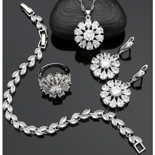 925 Sterling Silver Bridal Jewelry Sets For Women White Cubic zirconia Flower Earrings/Pendant/Necklace/Ring/Bracelet