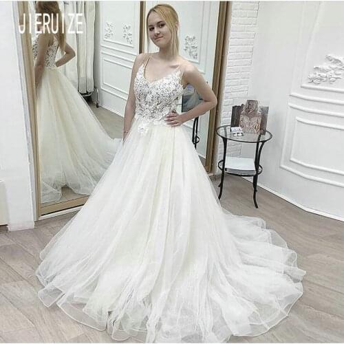 JIERUIZE New Bobo Wedding Dresses V Neck Zipper Back Lace Appliques Bohemian Wedding Gowns Bride Dresses Vestidos de Novia