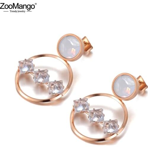 ZooMango Fashion Titanium Stainless Steel Double Circle Shell Earrings For Women Girl Geometric CZ Crystl Party Earrings ZE20098
