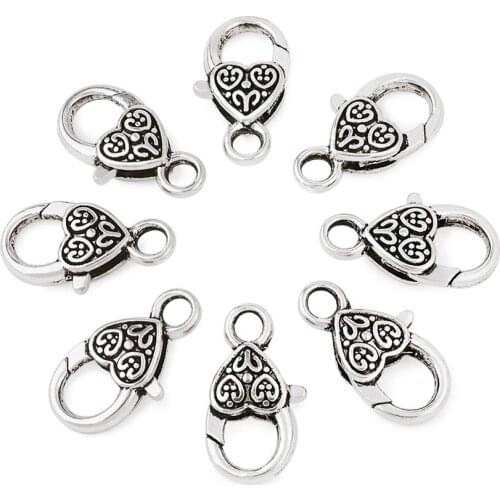 50pcs Tibetan Style Heart Lobster Claw Clasps Antique Bronze For DIY Jewelry Accessories Handicrafts 25.5x14x6mm