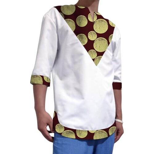 African Fashion Three Quarter Sleeve Shirts Men White Cotton And Wax Mix Patchwork Tops For Man Groom Outfits Customized