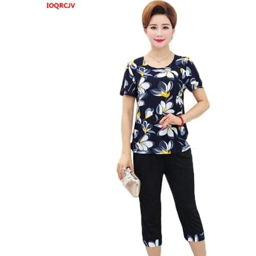 Large Size Women 2 piece Set New Loose Print Short-sleeved T-shirt Tops + Pants Middle-aged Mother Summer Suit Plus Size 4XL 850