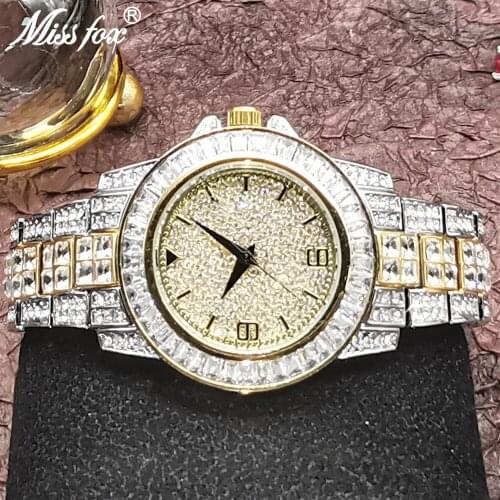 Hip Hop MISSFOX AAA Mens Watches Top Brand Luxury Baguette Diamond Stainless Steel Bracelet Quartz Wristwatches Business Clocks