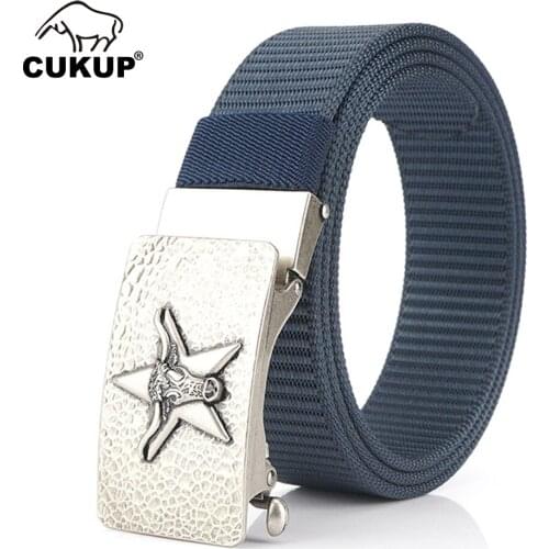 CUKUP 2020 Unique Design Zinc Alloy Cow Head Buckle Metal Belts High Quality Nylon Belt Canvas Belt for Men 3.5cm Wideth CBCK164