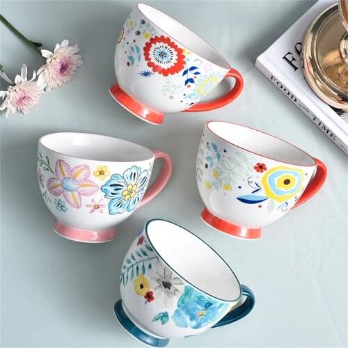450ML Ceramic Hand-Painted Mug Coffee Milk Breakfast Cup With Handle Ceramic Couple Cup Big Belly Cup Cute Oatmeal Cup Water Cup
