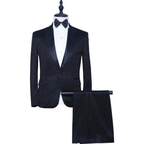 Mens Black Tuxedo Slim Fashion Groom Suit Jacket Pants Singer Drummer Host Party Prom Stage Costumes Night Club Suits